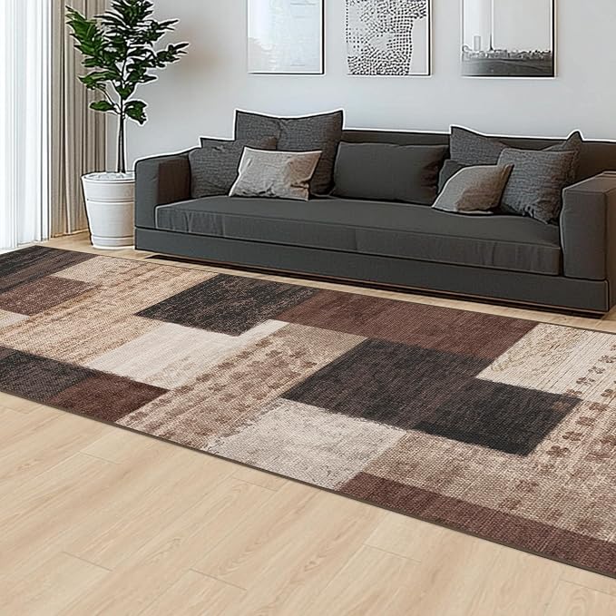 Modern Geometric Patchwork Indoor Runner Rug for Living Room, Chocolate 2.7'x 10' Rug Rockwood Collection Hardwood Floors Decor for Bedroom, Brown Throw Carpet for Office Entryway Dining Room