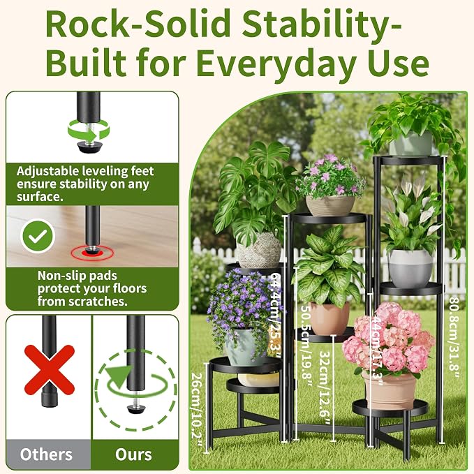 8 Tiered Plant Stand Indoor for Multiple Large Planter, Tall Heavy Duty Adjustable Folding Rack with Rustproof 7.9 Inch Wide Tray, Plant Shelf for Corner Living Room - BlackDisk