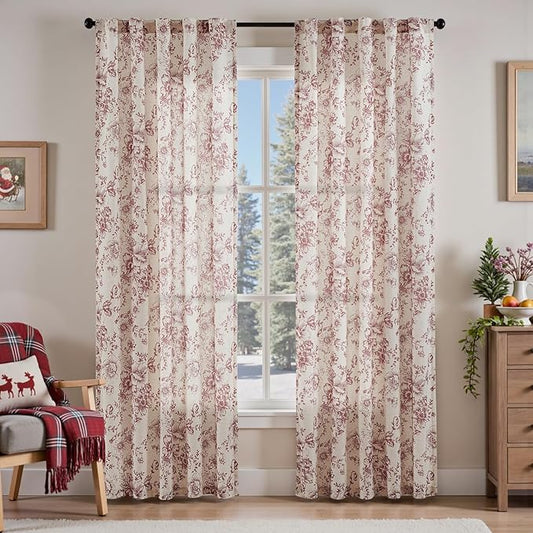 jinchan Linen Blend Curtain Floral Curtains for Living Room 90 Inch Length Christmas Brick Red Printed Curtain Rod Pocket Back Tab Farmhouse Peony Flower Patterned Drapes Curtains Set 2 Panels