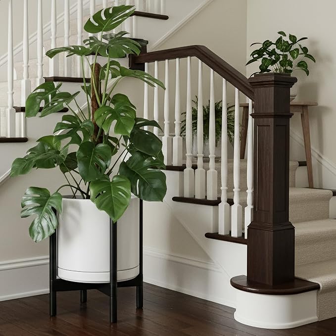 D'vine Dev Ceramic Planter with Ebony Stand - 14 Inch Modern Round Flower Pot with Wood Planter Holder, White, 55-B-S-1