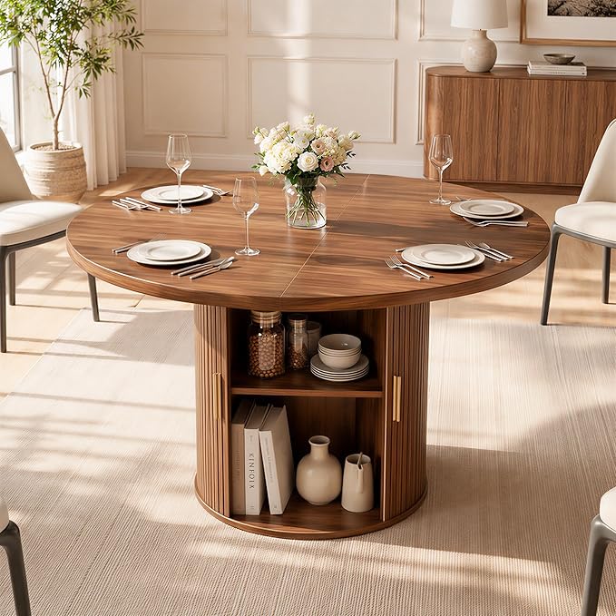 47" Round Dining Table for 4-6, Space-Saving Dining Room Table with Core Rolling Shutter Storage Shelf and Thick Tabletop, Wood Grain Dinner Table for Kitchen, Dining Room, Living Room, Walnut