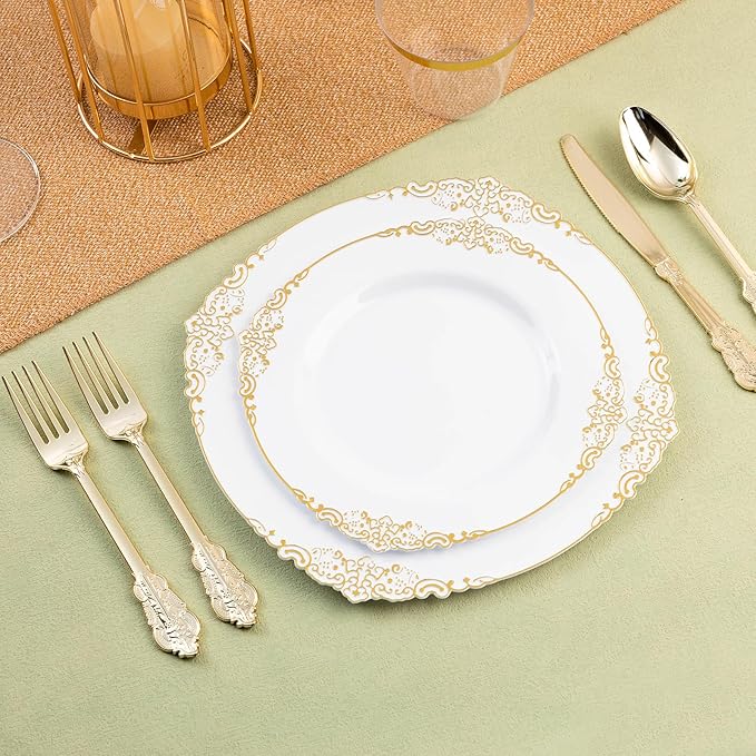 300PCS Gold Plastic Silverware for 100 Guests, Heavy Duty Gold Disposable Utensils Sets, Includes 100 Forks, 100 Spoons, 100 Knives, Elegant Cutlery Perfect for Wedding, Party