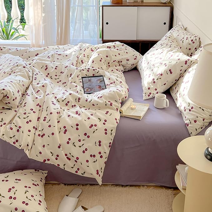 AOJIM Cherry Pattern Duvet Cover Set, 100% Cotton Cute Bedding Comforter Cover with Fruit Motifs, Aesthetic Quilt Cover Set 3pcs, 1 Queen Size Comforter Cover and 2 Matching Pillowcases, No Comforter