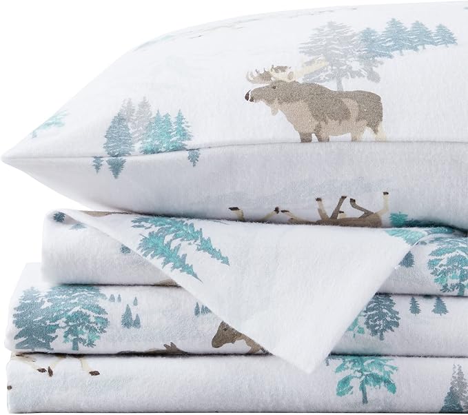 Market & Place 100% Turkish Cotton Flannel Sheet Set | 3 Piece Deep Pocket Novelty Cozy Winter Bed Sheets | Double Brushed for Extra Softness & Comfort | Alpine Collection (Twin, Moose)