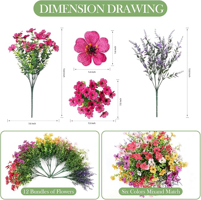 Artificial Fake Outdoor Plants Flowers for Outside Spring Summer Decoration, 12 Bundles Faux Silk Realistic UV Sun Resistant Colorful Mix Daisy Lavender for Porch Patio Window Box Yard Home Decor