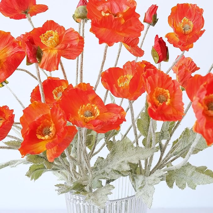 6PCS Dark Orange Poppy Flowers Artificial Silk Faux Poppies Bouquet with Long Stems for Outdoor Indoor Home Kitchen Halloween Fall Decor