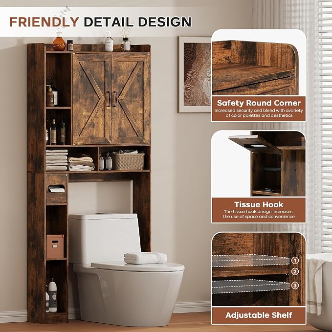 Over the Toilet Storage Cabinet, 31.1”W Bathroom Organizer with Double Doors, Above Toilet Rack, Detachable Toilet Paper Holder for Bathroom & Laundry Room Brown