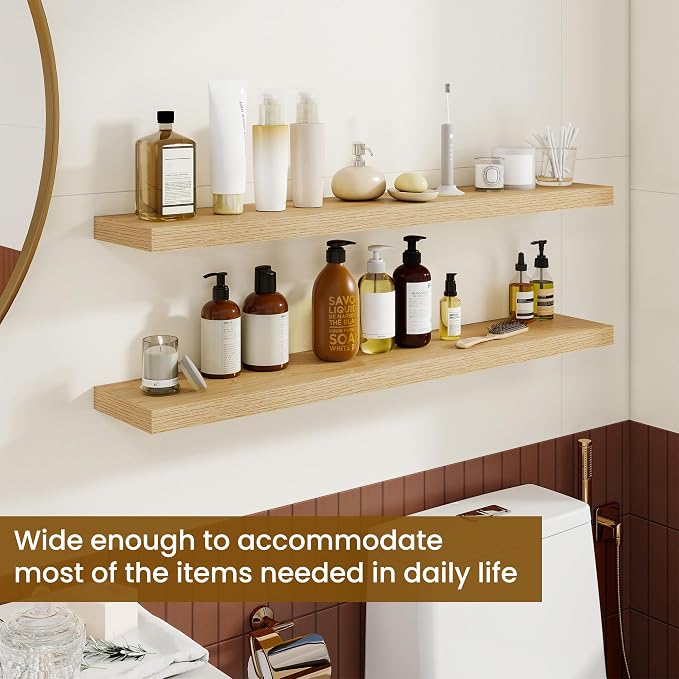 Dreamland 40Inch Floating Shelves for Wall, Rustic Wooden Storage Shelf for Living Room, Kitchen, Farmhouse, Wall Mounted Display Shelving with Invisible Heavy-Duty Metal Bracket, Set of 2 - Oak