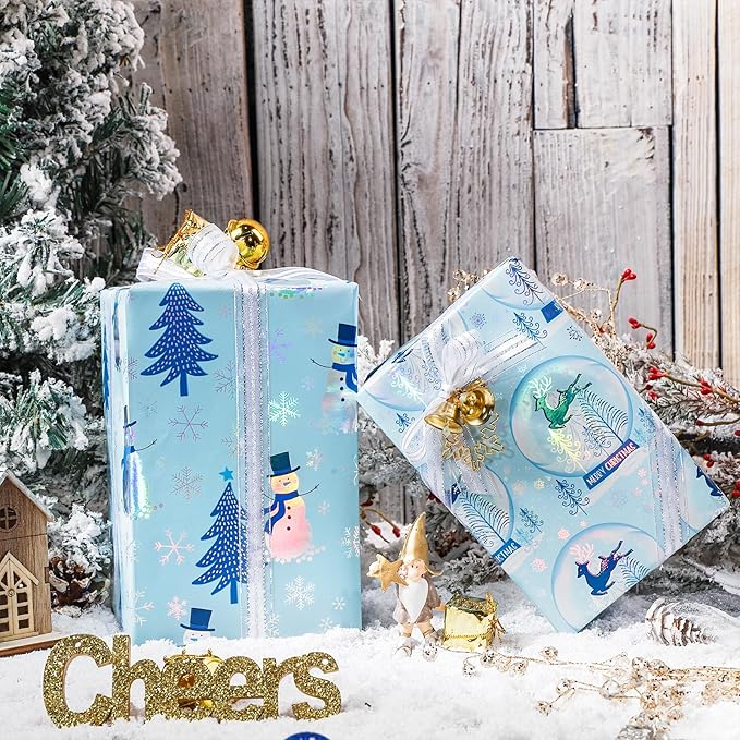 LeZakaa Blue Christmas Wrapping Paper Mini Roll, Snowman Reindeer Crystal Ball Snowflake Tree Metallic Foil Holiday Gift Wrap, Arts Craft, for Xmas Winter Party, 17 x 120 inches, 3 Rolls