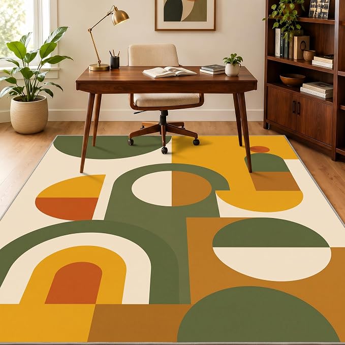 Mid Century Area Rug 7x9, Home Decor | Olive Mustard Bauhaus Circle, Retro Geometric Rug for Living Room, Bedroom, Home Office, Non Slip, Washable, Low Pile