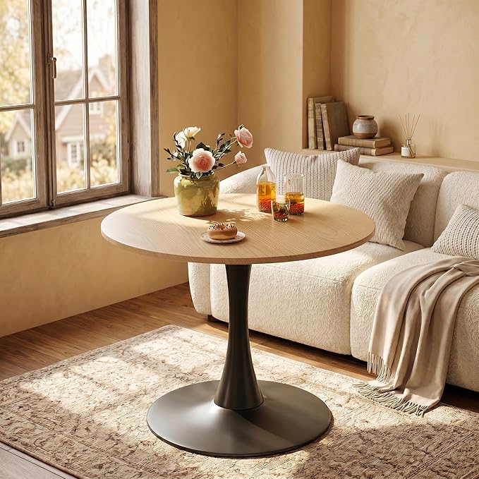 24 Inch Modern Round Dining Table, Mid Century Pedestal Kitchen Table for Small Spaces, Natural Wood Top Coffee Table with Stable Metal Base for Apartment, Living Room, Office, Studio