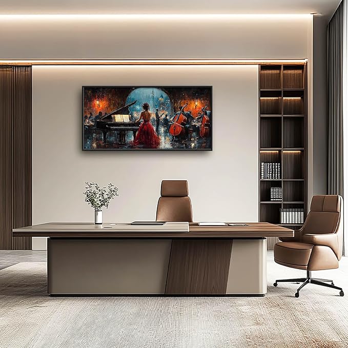 Music Piano Large Wall Art Cello Performance Pictures Wall Decor Musician Canvas Hotel Print Painting Modern Artwork Home Decoration for Dining Living Room Bathroom Bedroom Office Framed 60"x30"