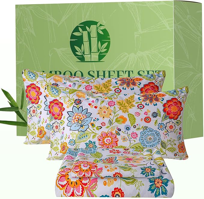 Bedlifes King Floral 4-Piece Sheet Set - Cooling Sheets Blend Rayon Derived from Bamboo,Soft & Breathable, Deep Pocket 16", Wrinkle Resistant - Vibrant Boho Floral Spring Design