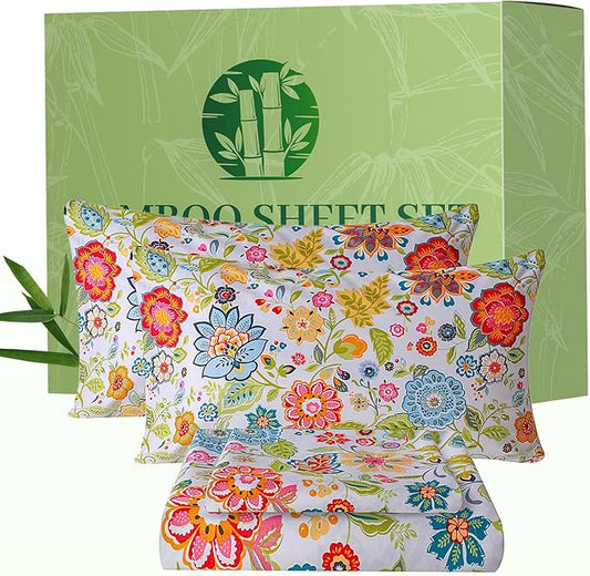 Bedlifes Queen Floral 4-Piece Sheet Set - Cooling Sheets Blend Rayon Derived from Bamboo,Soft & Breathable, Deep Pocket 16", Wrinkle Resistant - Vibrant Boho Floral Spring Design