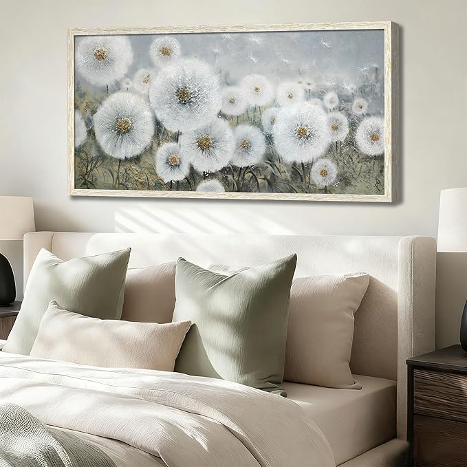 Ardemy Dandelion Wall Art Large Framed Floral Canvas Art Wall Decor Living Room Flower Paintings Pictures Textured Artwork For Walls Dining Room Bedroom Home Office, 48"x24"
