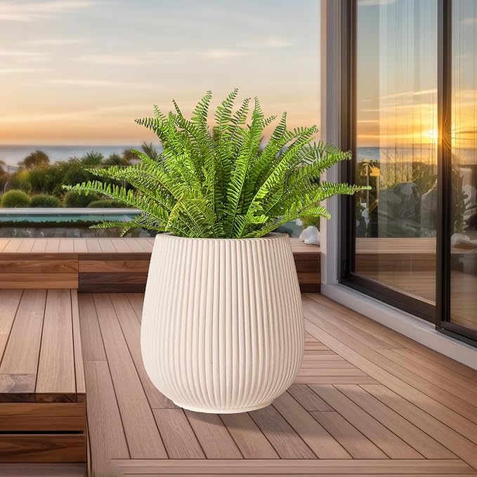 16 Inch Handmade Concrete Outdoor Planter - Classic Striped Design | Fiberglass & Composite Material | Durable for Commercial & Home Decor