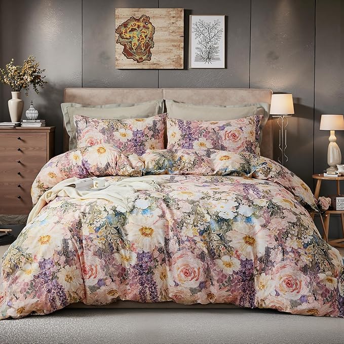 100% Cotton Duvet Cover Queen Size – Romantic Garden Impressionist Floral Duvet Cover Set with Zipper Closure, 3-Piece Luxury & Soft Bedding Set for All Seasons