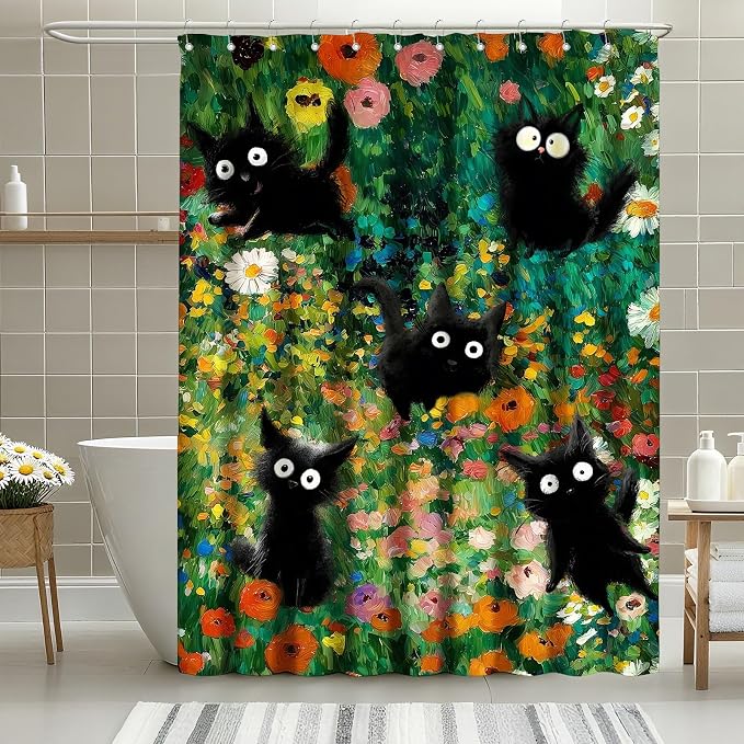 Funny Black Cats Shower Curtain Vintage Wildflowers Shower Curtains for Bathroom Waterproof Fabric Bath Curtain Decor with Hooks