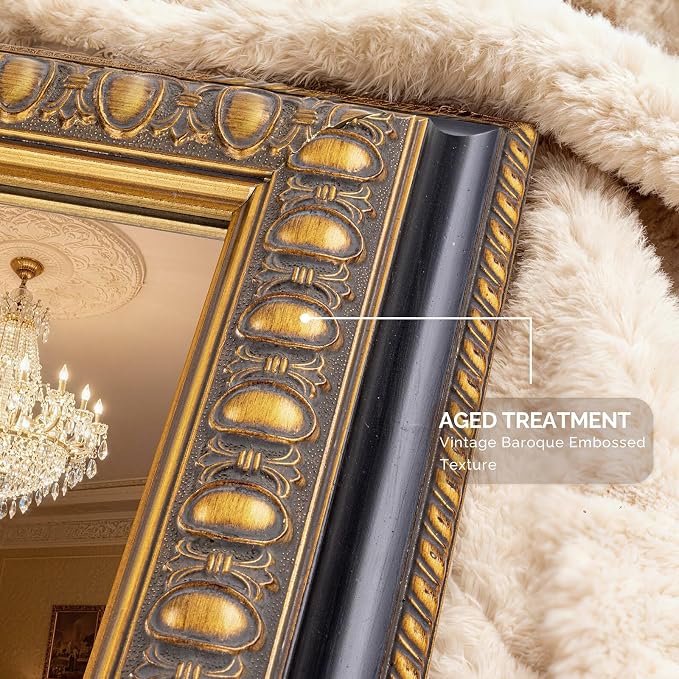 Vintage Gold Mirror for Wall Decor, 43" L x 27" W Baroque Mirror with Carved Frame and Handmade Aged Gold Finish, Rectangular Wood Mirrors for Living Room Bathroom Fireplace