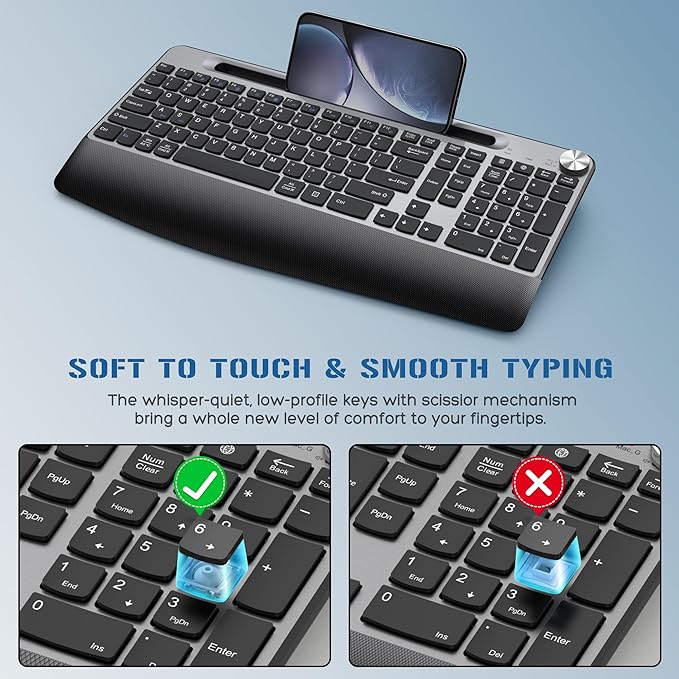 JOYACCESS Wireless Keyboard and Mouse, Ergonomic Wireless Keyboard with Wrist Rest and Phone Holder, Quiet Computer Mouse for Mac PC Laptop-Black Grey