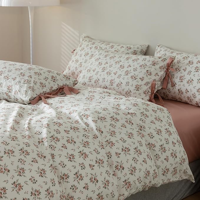 EAVD Vintage Style Garden Pink Floral Duvet Cover Full White Soft Cotton Chic Shabby Pink Floral Bedding Set with 2 Pillowcases Reversible Fresh Botanical Duvet Cover with Zipper Closure
