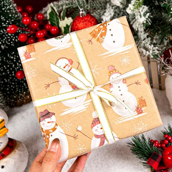 MAYPLUSS Christmas Wrapping Paper Roll - 17IN X 33FT - Kraft Gift Wrapping Paper Featuring Cute Scarf Snowman Snowflake Reversible Cut Lines for Kids, Holiday, New Year