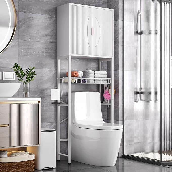 Kalrin Over The Toilet Storage Cabinet with Fluted Wave Doors and Adjustable Shelf, Wood Over Toilet Storage Rack with Drain Basket, Freestanding Bathroom Organizer for Balcony Laundry, Pure White