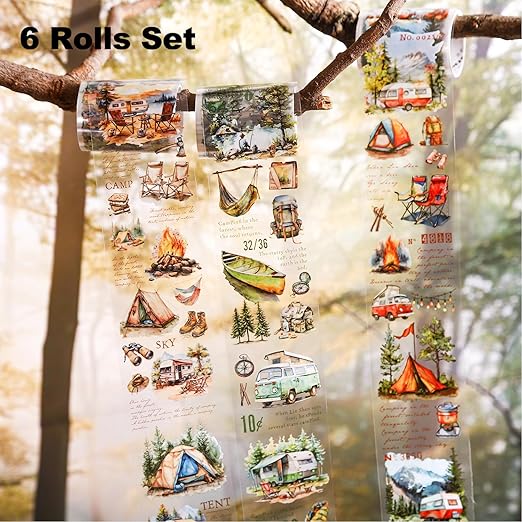 AuriicLeaf Forest Camping Theme PET Tape Set, 6 Rolls of Nature Adventure Stickers for Scrapbooking, Junk Journaling, DIY Crafts, and Art Supplies