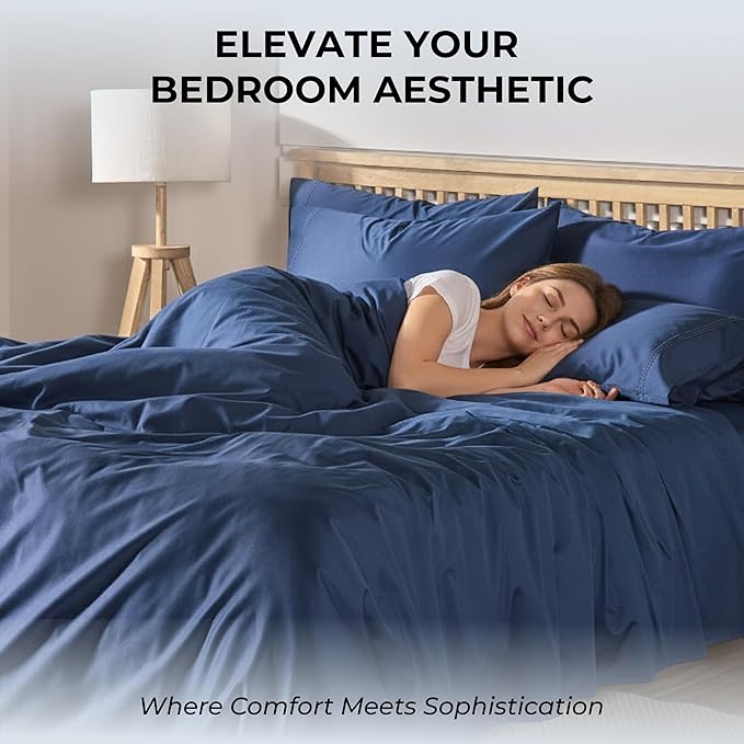 100% Natural Cotton Sheets Queen Size Bed Set | 500 TC Single-Ply Sateen Weave | Soft, Breathable, Hypoallergenic Solid 4-Piece Bedding with Deep Pocket Fitted, Flat, Pillowcase |Navy Blue