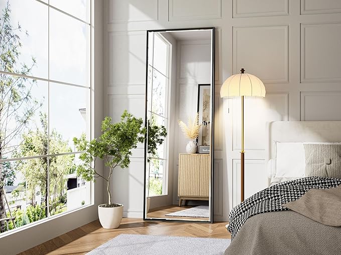 Black Framed Rectangle Beveled Full Length Mirror 16x60 Inch, Anti‑Rust Standing or Wall Mounted Full Body Mirror for Bedroom, Living Room, Entryway, Bathroom Wall