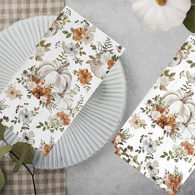 100pcs Thanksgiving White Pumpkin Paper Napkins 3 Ply Disposable Fall Pumpkin Guest Napkins Hand Towels for Bathroom Home Kitchen Table Harvest Party