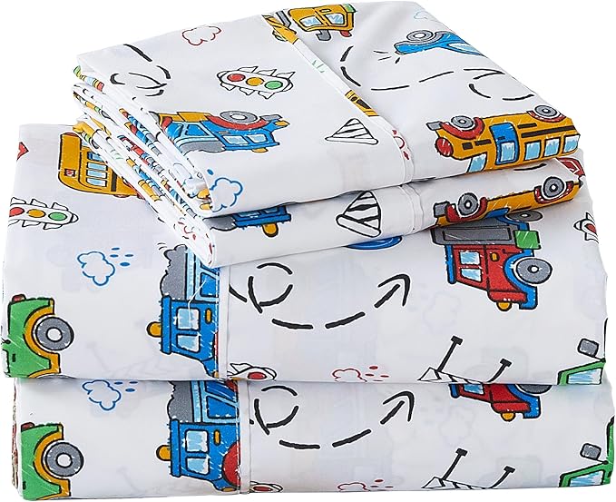Viviland 3 Pieces Boys White Twin Sheet Set - Soft Microfiber Fitted Flat Sheets & Pillowcase - White Cars Traffic Lights Print Bedding Sets - for Kids & Toddlers