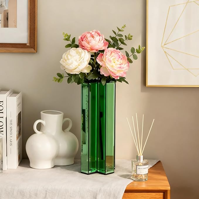 SHYFOY Green Mirrored Vase - 12 Inch Tall Cross-Shaped Decorative Glass Flower Vases for Home Decor, Living Room Table Kitchen Fireplace Decor - Can’t Hold Water