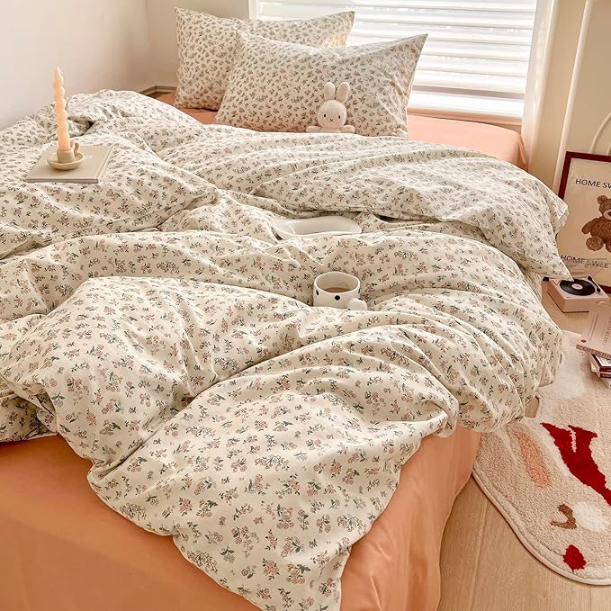 HighBuy Boho Floral Duvet Cover Twin XL White Cotton Coquette Comforter Quilt Duvet Covers with Pink Floral,Garden Floral Bedding Set Twin XL Lightweight Soft Cottagecore Duvet Cover Sets Cute