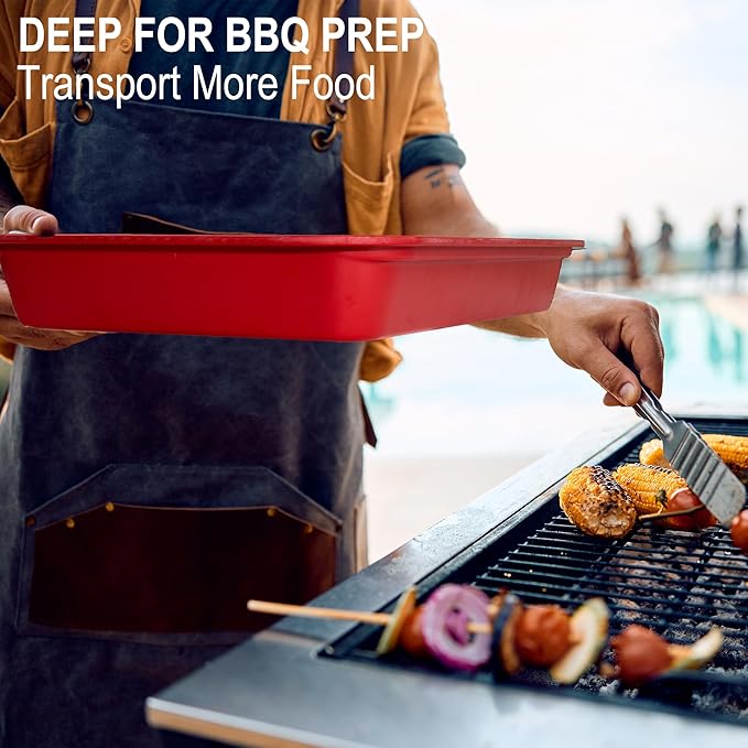 Czlizdyt Bamboo Grilling Prep and Serve Trays with lid, BBQ Tray for Marinating Raw and Cooked Food, Diswasher Safe Nesting Trays Black in Red