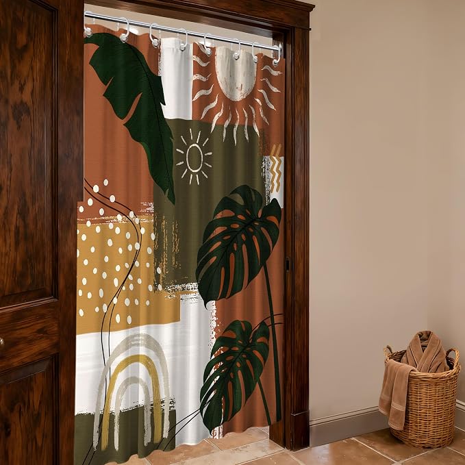 Small Stall Narrow Shower Curtain Mid Century Modern Stand Up Abstract Tropical Leaf Shower Curtains for Rv Camper Bathroom Decor Sets, Waterproof Cloth Fabric with Hooks, 48 x 72 Inch