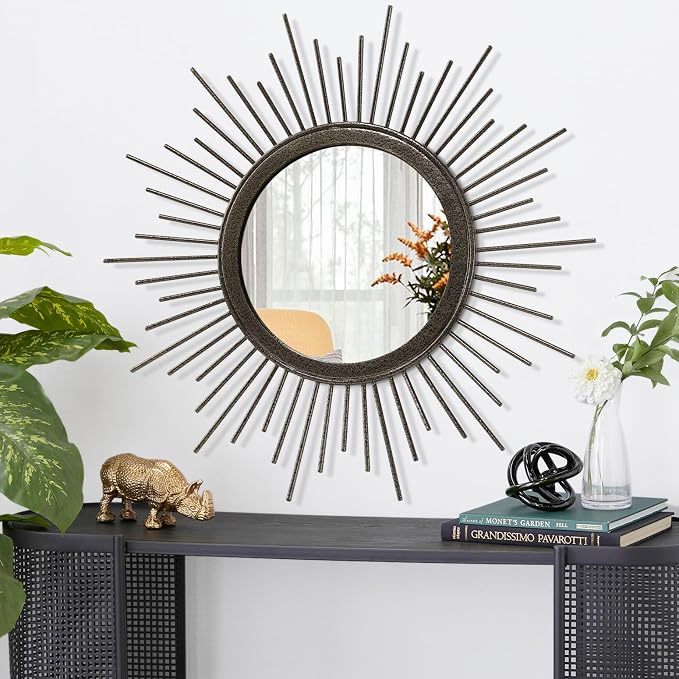 Large Sunburst Wall Mirror, Round Home Modern Metal Art Mirror for Bathroom Living Room Hallway Bedroom Balcony Farmhouse 24" x 24"