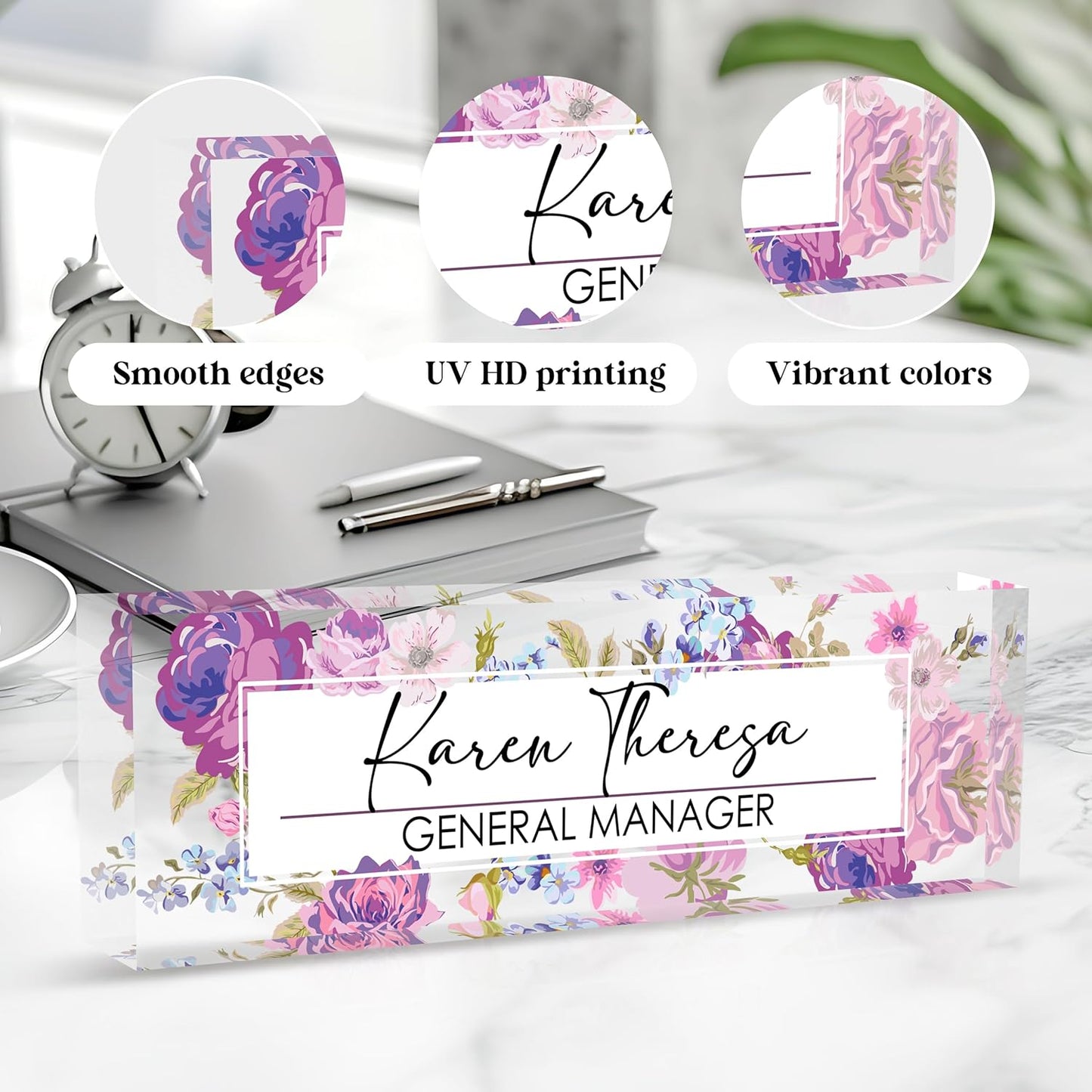 Skiennix Custom Office Name Plate - Personalized Desk Gift for Women, Employees & Teachers | Hundred Flowers Design
