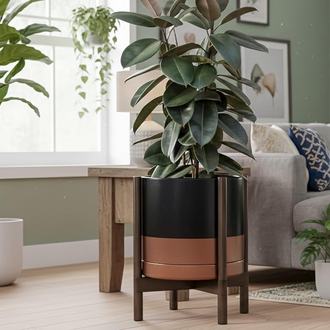 D'vine Dev Ceramic Planter with Walnut Color Stand - 14 Inch Modern Round Flower Pot with Wood Planter Holder, Black/Speckled Tan, 55-B-T-7