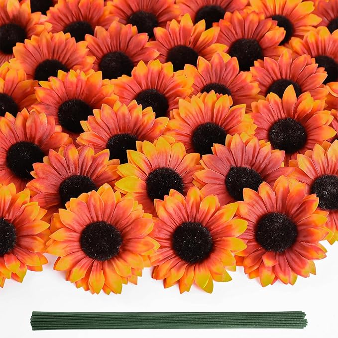 40pcs Fake Sunflower Heads with Stems, 4" Fall Sunflower Artificial Silk Flower Heads for Party Baby Shower Wedding Making Handicrafts Home Fall Decor(Fall Orange)