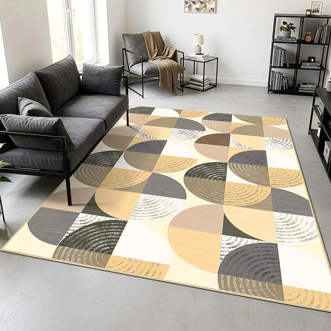 Merelax 5x8 Geometric Rug for Livingroom Bedroom - Washable Non-Slip Abstract Multi-Color Area Rug, Indoor Floor Carpet Low Pile Soft Rug for Dining Room, Mudroom, Modern Aesthetic Decor, Light Tan