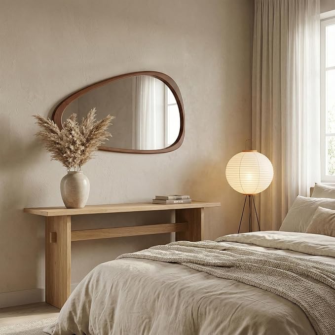 Solid Wood 48"x24" Large Full Length Irregular Mirror, Aesthetic Mid-Century Modern Statement Wall-Mounted Mirror, Modern Organic Asymmetrical Wooden Mirror, Dark Walnut