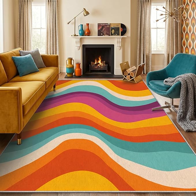 Retro 70s Area Rug 4x5, Mid Century Modern Abstract Wavy Carpet, Colorful Rainbow Swirl Rug for Living Room Bedroom Office, Non-Slip Washable Indoor Floor Mat