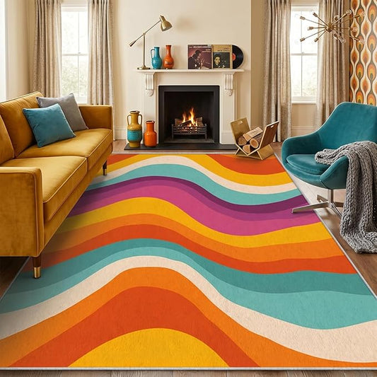 Retro 70s Area Rug 2x3, Mid Century Modern Abstract Wavy Carpet, Colorful Rainbow Swirl Rug for Living Room Bedroom Office, Non-Slip Washable Indoor Floor Mat
