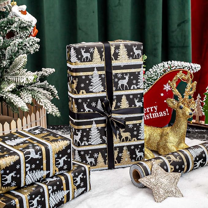 Yarcony Kraft Christmas Wrapping Paper, Black Wrapping Paper, Luxury Faux Sparkle Christmas Trees Reindeer Snowflake Duty Heavy Kraft Gift Wrap for Holidays, Winter Solstice (17 Inch X 33 Feet)