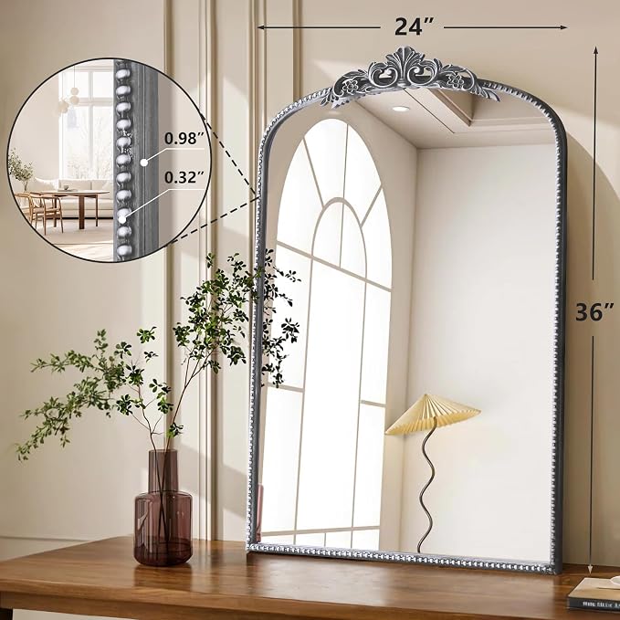 Micasso Vintage Traditional Silver Mirror: 24"x36" French Baroque Antique Mirror - Ornate Decorative Arched for Wall/Entryway/Fireplace/Hallway/Living Room - Home Decor for Bathroom