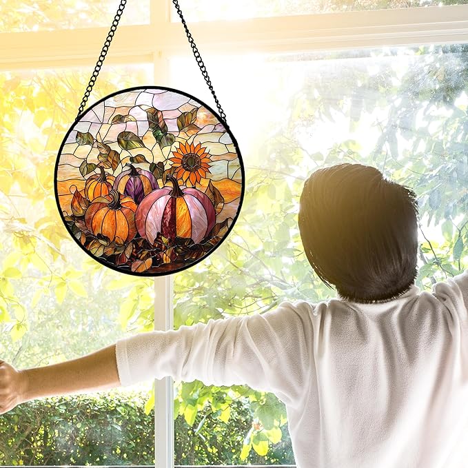 Stained Glass Window Hanging, Pumpkin Sunflower Suncatcher Diamond Glass Panel Sun Catchers Decor for Birthday for Women, Men, Wife, Aunt, and Mom 6.3 in