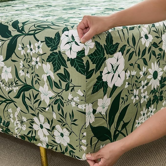 100% Cotton Sheet Set King Size – 4-Piece Luxury Forest Green Floral Bedding, Soft Breathable Percale Weave, Deep Pocket Fitted Sheet 17.5", Crisp Cool Feel, Refined Botanical Elegance