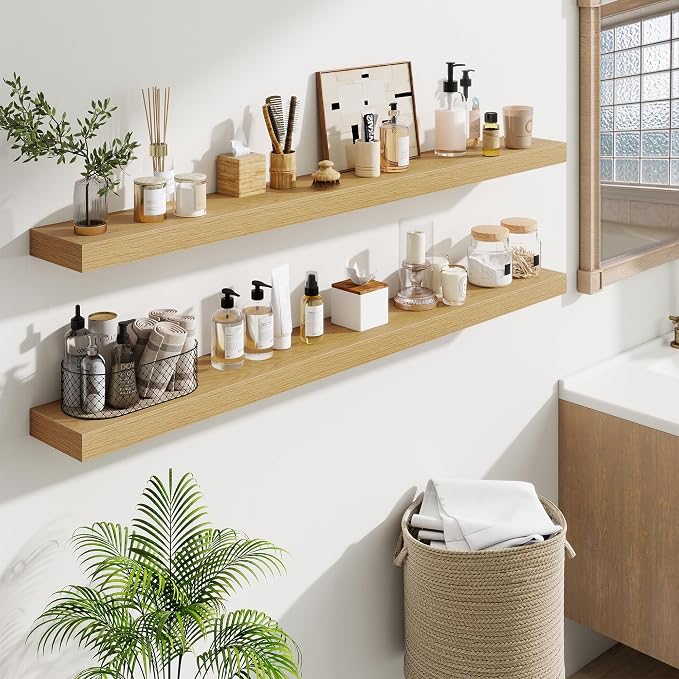 Fun Memories 55 Inch Floating Shelves Bedroom, Large Extra Floating Shelf Set of 2 with Invisible Brackets, Oak