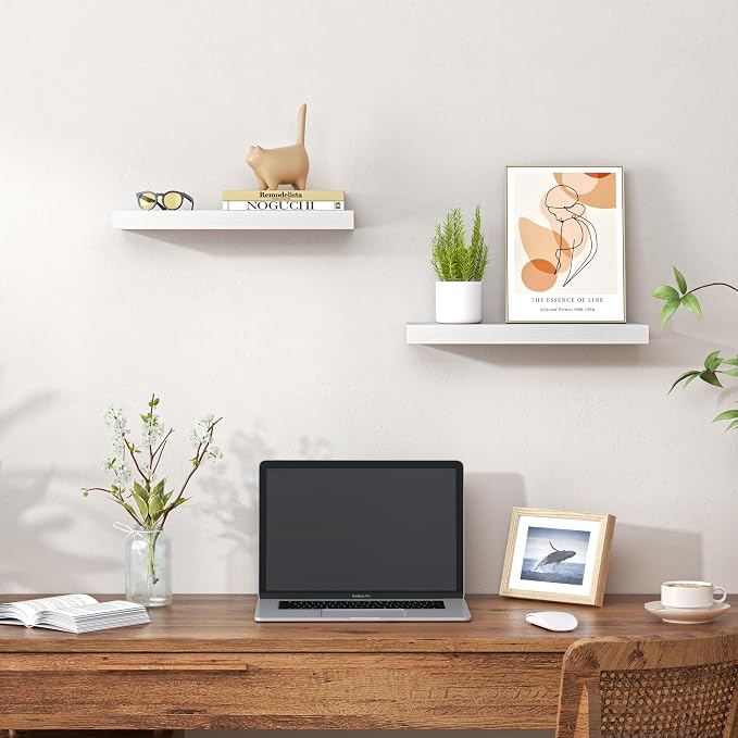 Heimlove Floating Shelves for Wall,16 inchs Shelf for Small Bathroom,Mounted Storage & Display Wood Shelves for Bedroom,Living Room,Kitchen,Office,Set of 2,White